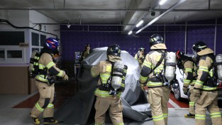 마산소방서, 지하 주차장 전기차 화재 소방 훈련 시행